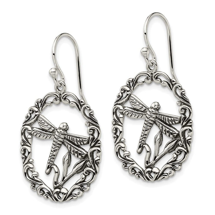 Sterling Silver Antiqued Dragonfly Dangle Shepherds Hook Earrings, view 2 of 4