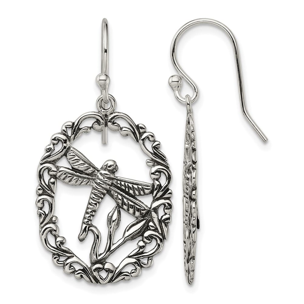 Sterling Silver Antiqued Dragonfly Dangle Shepherds Hook Earrings, view 1 of 4