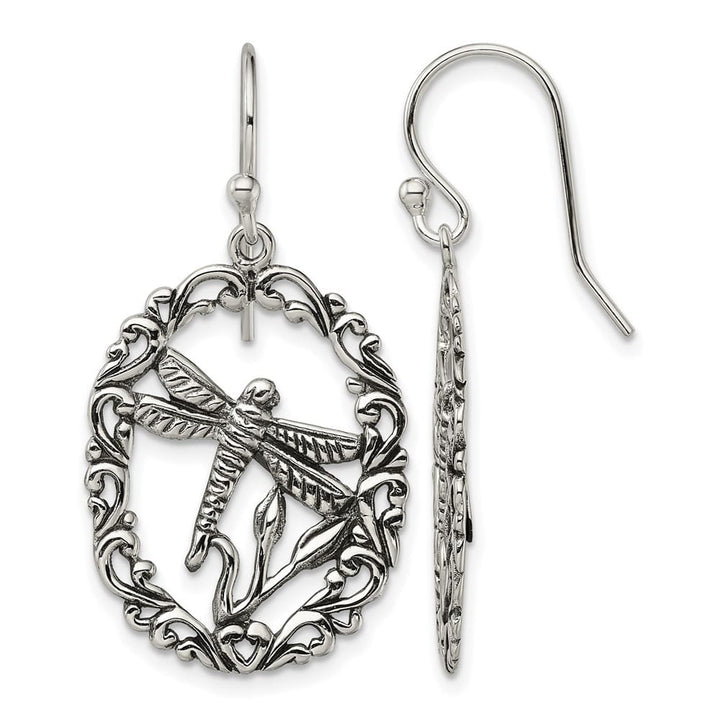Sterling Silver Antiqued Dragonfly Dangle Shepherds Hook Earrings, view 1 of 4