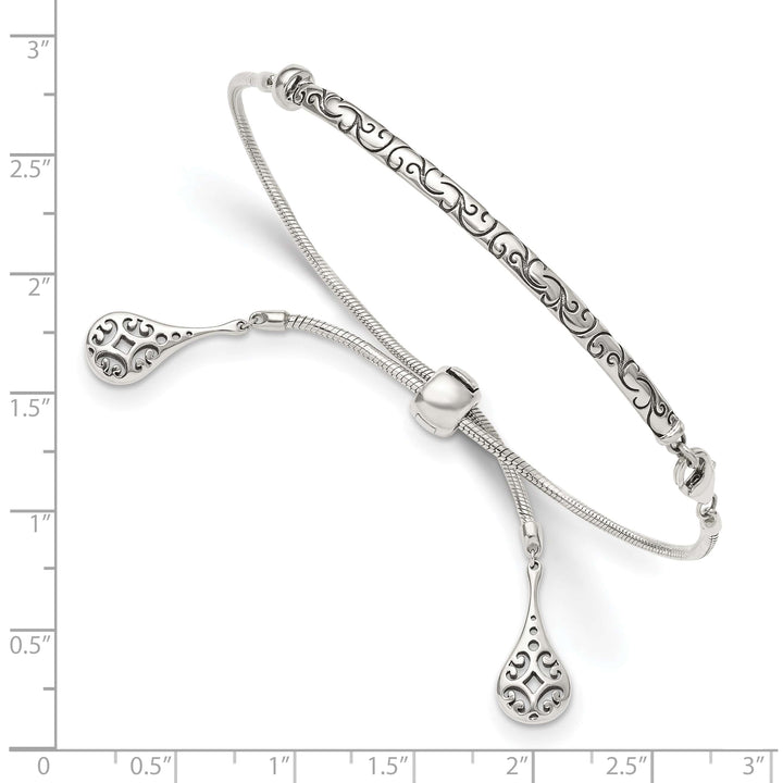 Sterling Silver Antiqued Filigree Drops Adjustable Bolo Bracelet