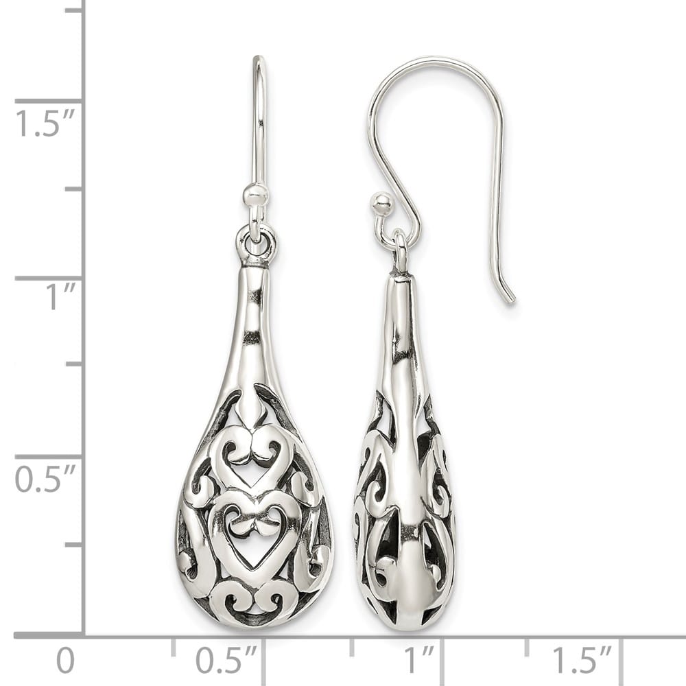 Sterling Silver Antiqued Filigree Heart Teardrop Dangle Earrings, view 4 of 4