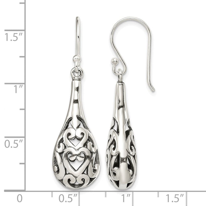 Sterling Silver Antiqued Filigree Heart Teardrop Dangle Earrings, view 4 of 4