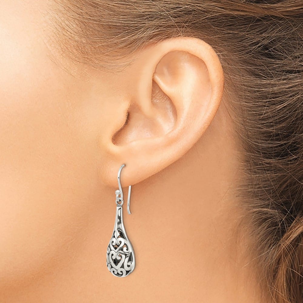 Sterling Silver Antiqued Filigree Heart Teardrop Dangle Earrings, view 3 of 4