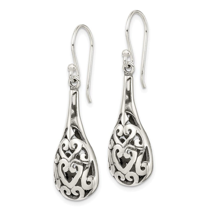 Sterling Silver Antiqued Filigree Heart Teardrop Dangle Earrings, view 2 of 4