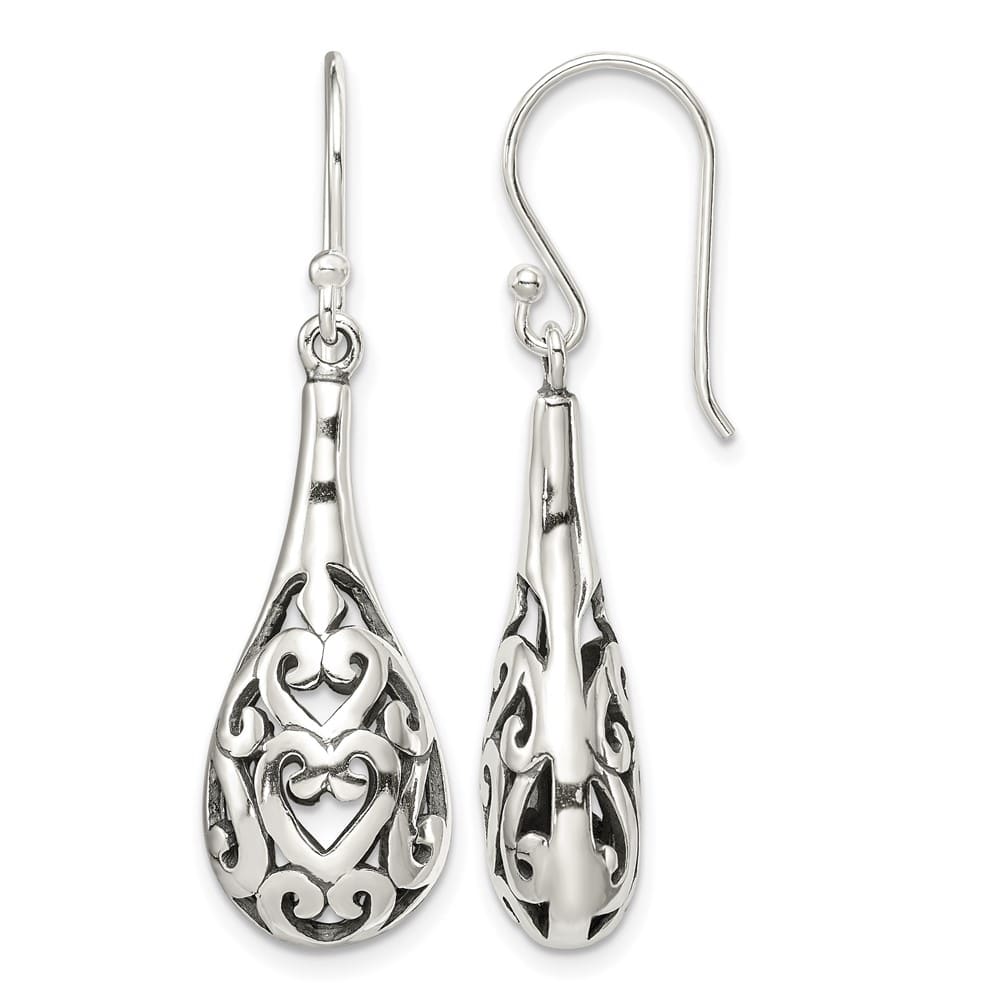 Sterling Silver Antiqued Filigree Heart Teardrop Dangle Earrings, view 1 of 4