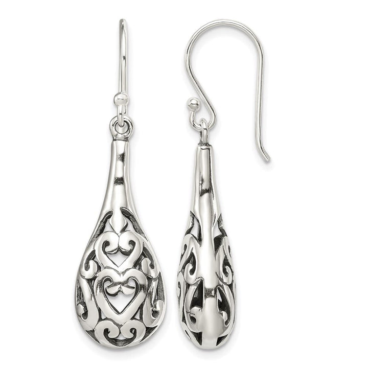 Sterling Silver Antiqued Filigree Heart Teardrop Dangle Earrings, view 1 of 4
