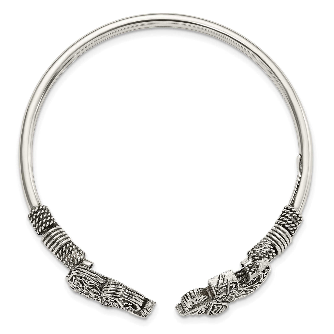 Sterling Silver Antiqued Filigree Two Elephants Flexible Bangle
