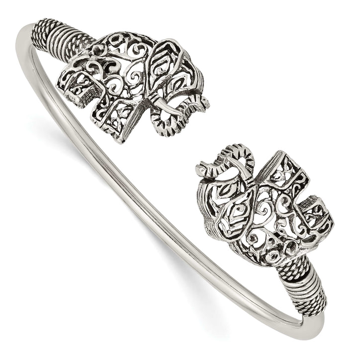 Sterling Silver Antiqued Filigree Two Elephants Flexible Bangle