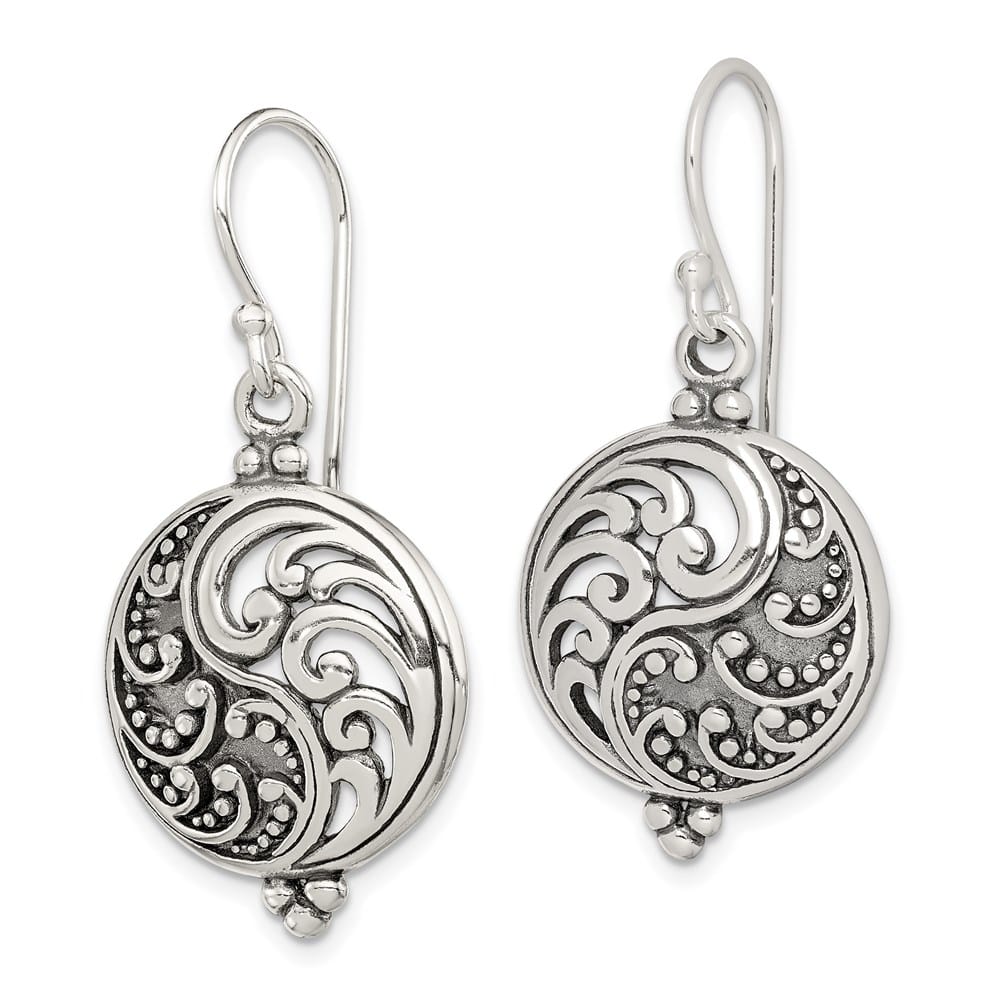 Sterling Silver Antiqued Filigree Yin and Yang Dangle Earrings, view 2 of 4