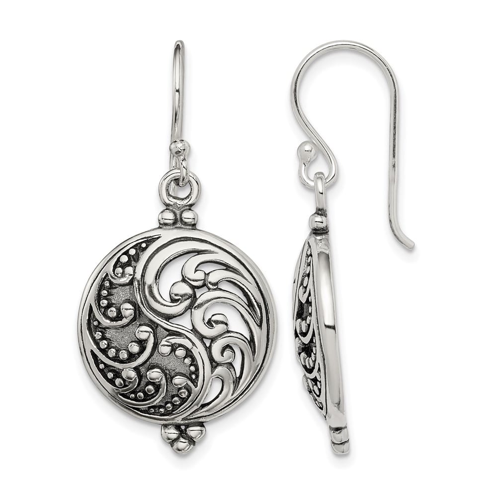 Sterling Silver Antiqued Filigree Yin and Yang Dangle Earrings, view 1 of 4