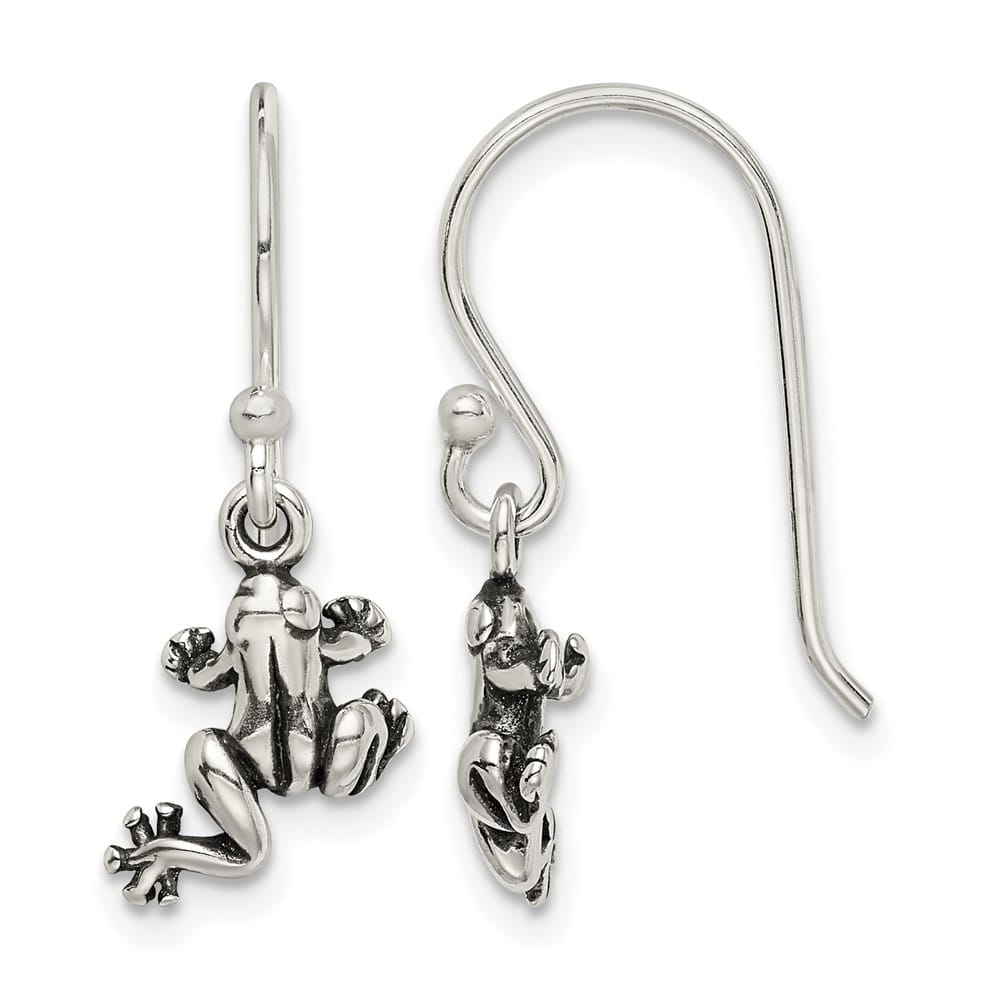 Sterling Silver Antiqued Frog Shepherd Hook Earrings, view 1 of 4