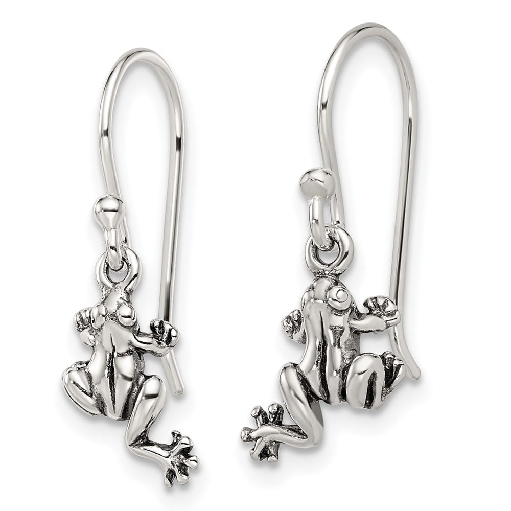 Sterling Silver Antiqued Frog Shepherd Hook Earrings, view 2 of 4