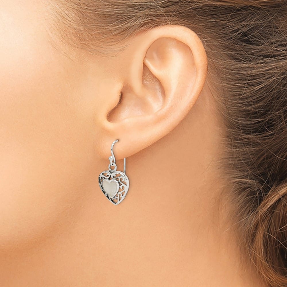 Sterling Silver Antiqued Mother of Pearl Heart Dangle Earrings