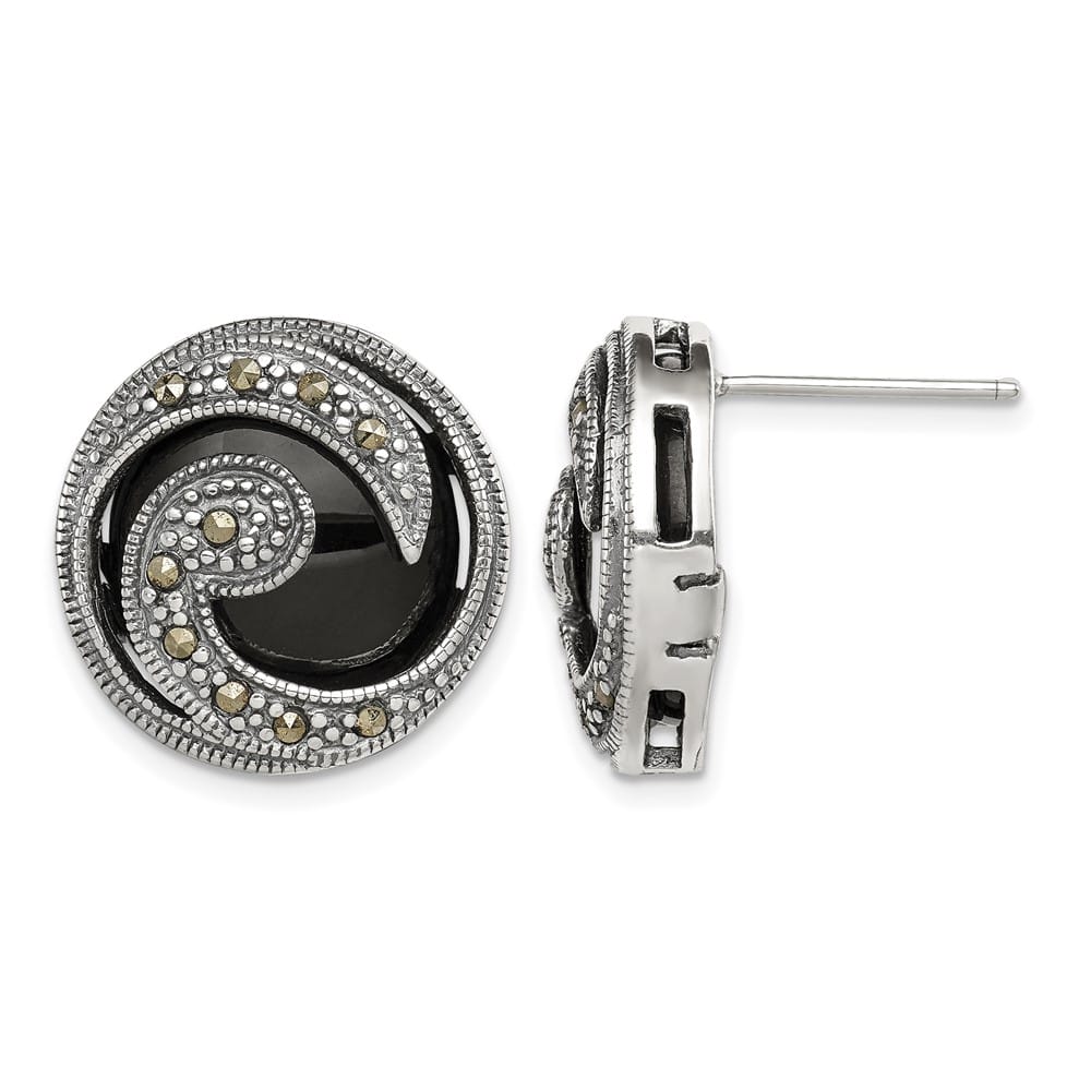 Sterling Silver Antiqued Onyx & Marcasite Round Wave Post Earrings, view 1 of 4