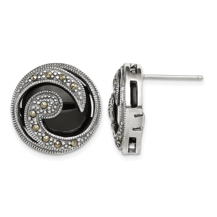 Sterling Silver Antiqued Onyx & Marcasite Round Wave Post Earrings, view 1 of 4