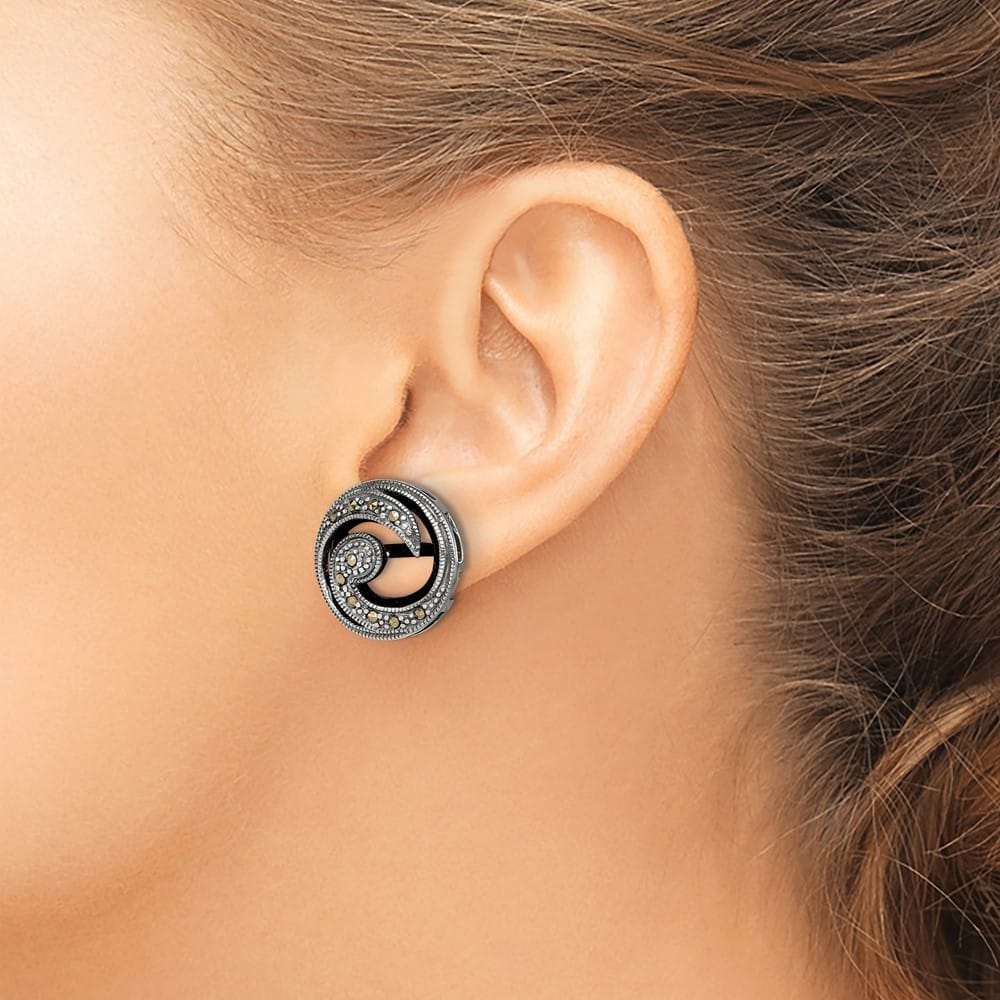 Sterling Silver Antiqued Onyx & Marcasite Round Wave Post Earrings, view 3 of 4