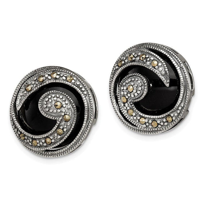 Sterling Silver Antiqued Onyx & Marcasite Round Wave Post Earrings, view 2 of 4