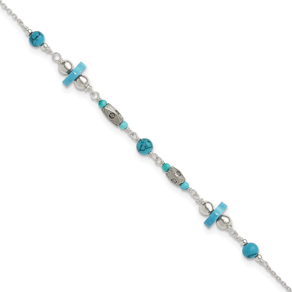 Sterling Silver Antiqued Turquoise Beaded Anklet — .925 sterling silver, 9 inches long, 7 mm wide, spring ring clasp, 2.43 g