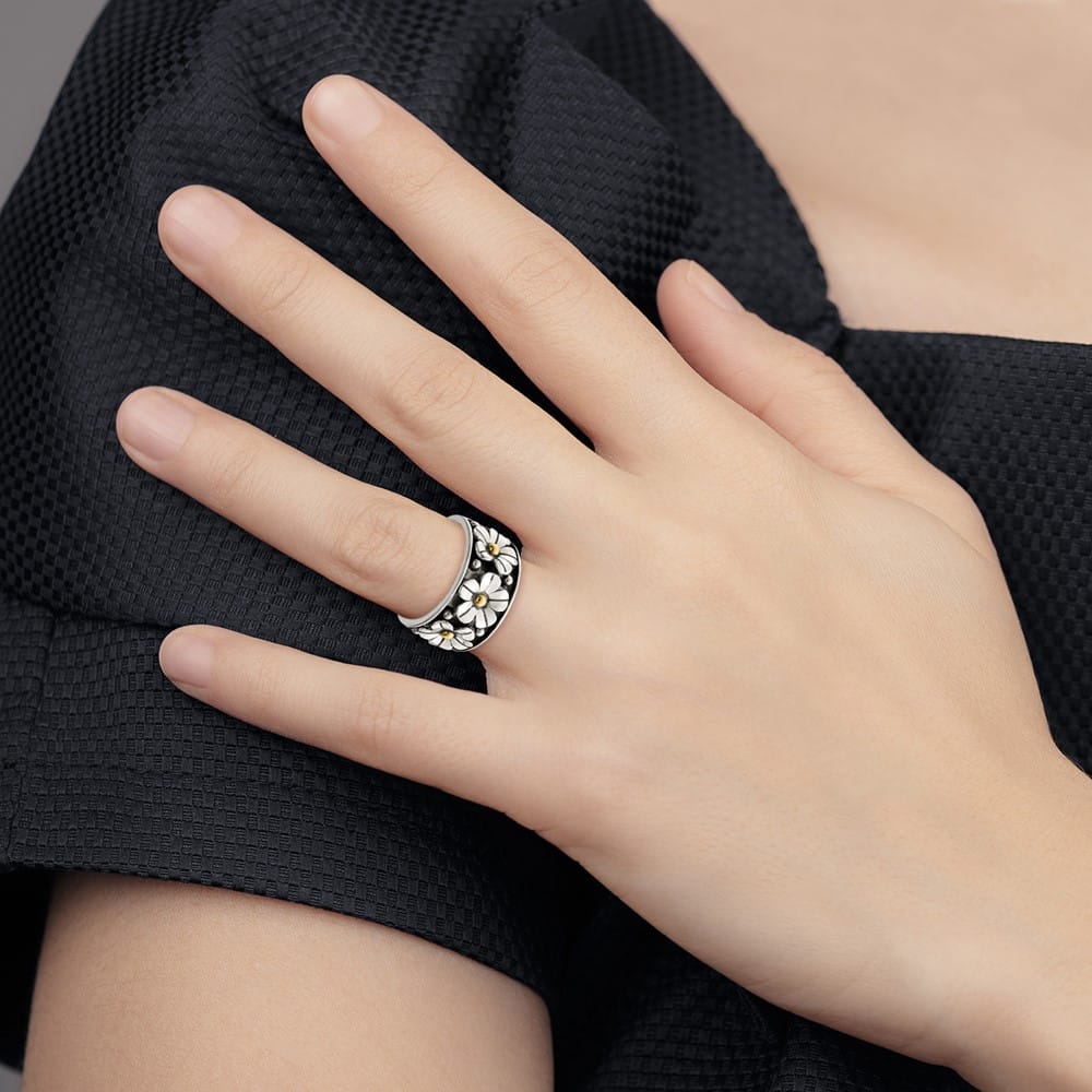 Sterling Silver Antiqued with 14K Gold Centers Daisy Ring