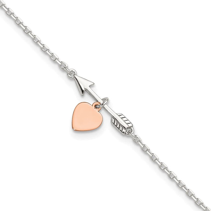 Sterling Silver Arrow with Heart Anklet — .925 sterling silver, 11 inches long, 1 inch extension, 1.5 mm wide, lobster clasp, 2.69 g
