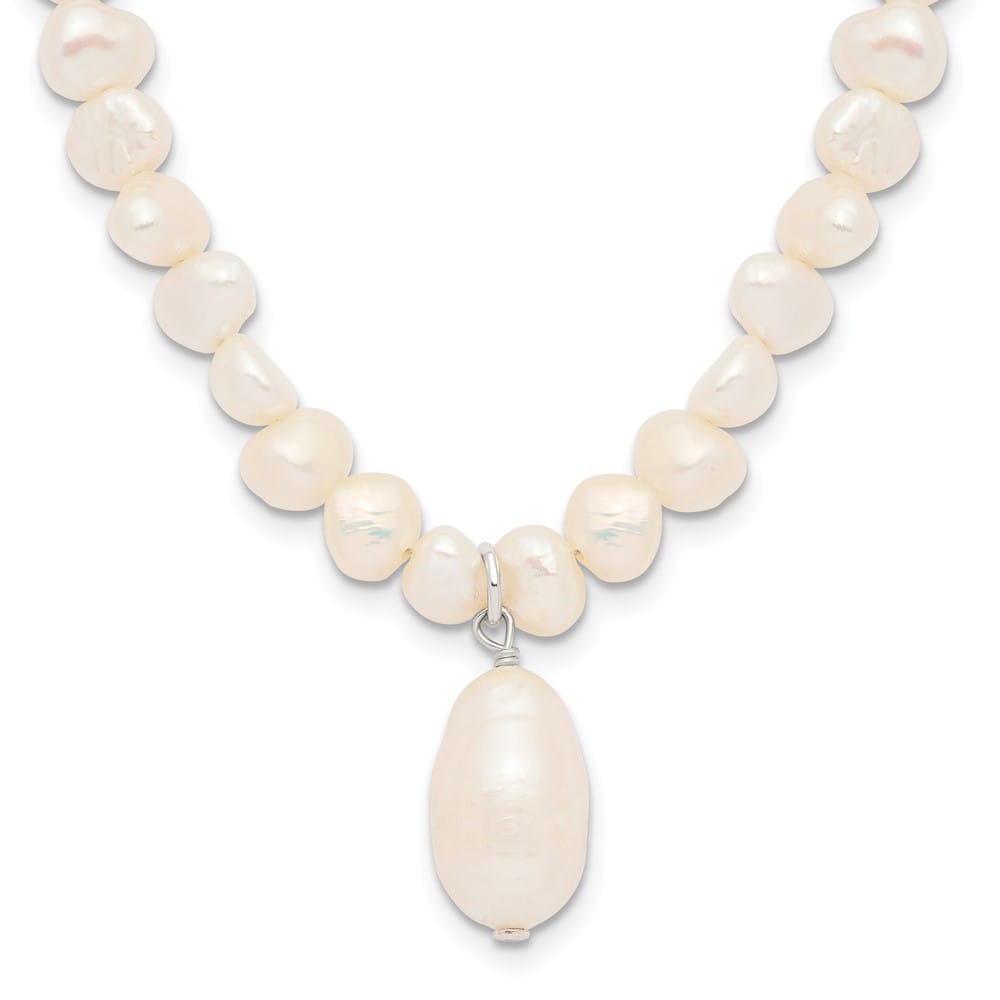 Sterling Silver Baroque and Rice Cultured Pearl Drop 18 inch Necklace