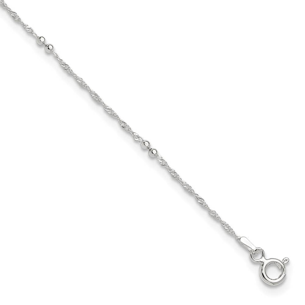 Sterling Silver Bead 7-Station 1 mm Anklet — .925 sterling silver, 11 inches long, 1 inch extension, 1 mm wide, spring ring clasp, 1.14 g
