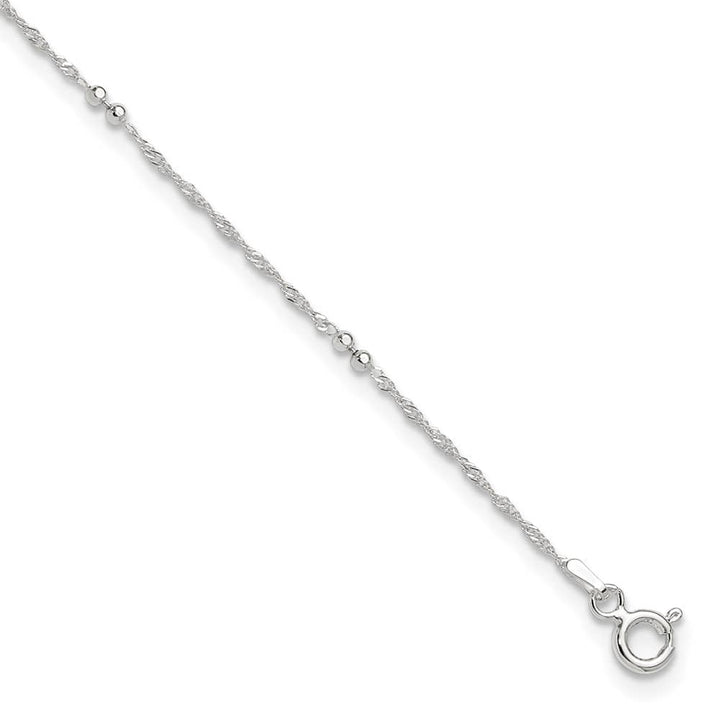 Sterling Silver Bead 7-Station 1 mm Anklet — .925 sterling silver, 11 inches long, 1 inch extension, 1 mm wide, spring ring clasp, 1.14 g
