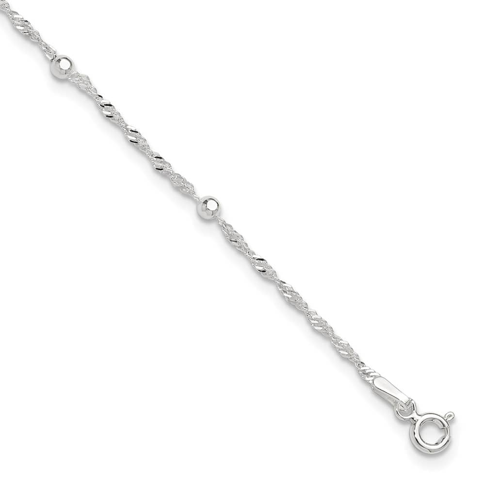 Sterling Silver Bead 7-Station on Ball Link Anklet — .925 sterling silver, 11 inches long, 1 inch extension, 2 mm wide, spring ring clasp, 2.12 g
