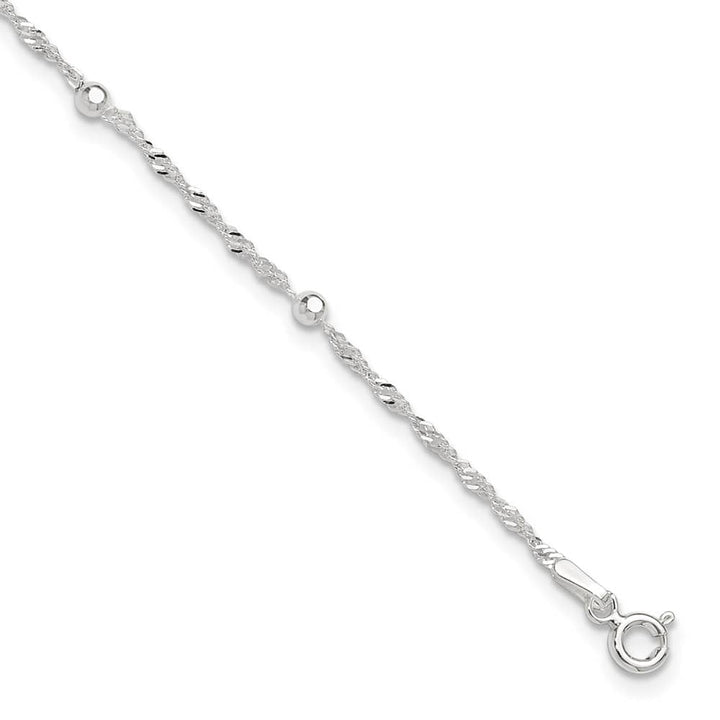 Sterling Silver Bead 7-Station on Ball Link Anklet — .925 sterling silver, 11 inches long, 1 inch extension, 2 mm wide, spring ring clasp, 2.12 g