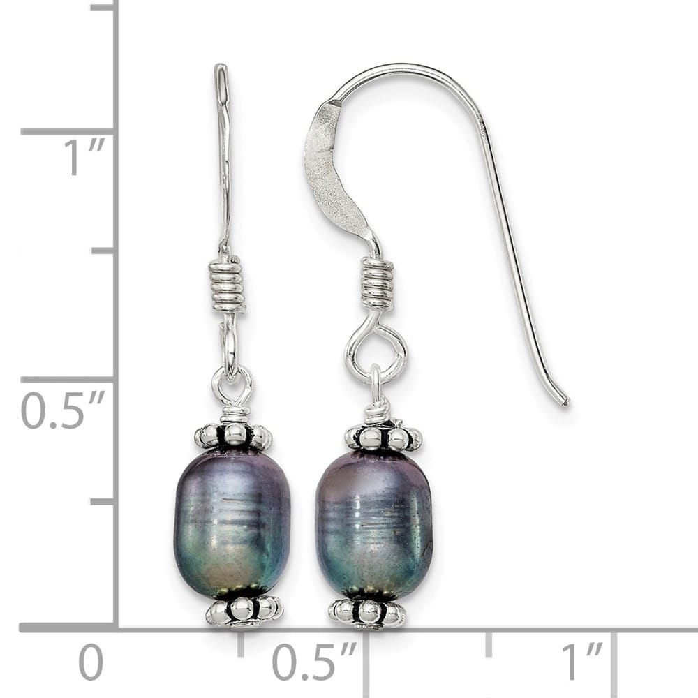 Sterling Silver Beaded 6-7mm Rice Black Pearl Dangle Earrings, view 4 of 4