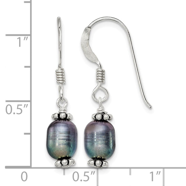 Sterling Silver Beaded 6-7mm Rice Black Pearl Dangle Earrings, view 4 of 4