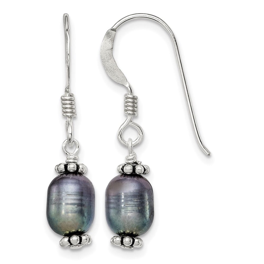 Sterling Silver Beaded 6-7mm Rice Black Pearl Dangle Earrings, view 1 of 4