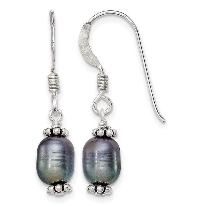 Sterling Silver Beaded 6-7mm Rice Black Pearl Dangle Earrings, view 1 of 4