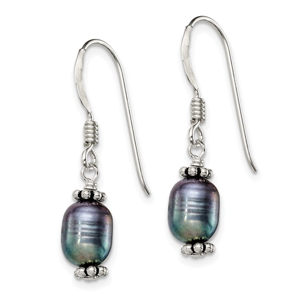 Sterling Silver Beaded 6-7mm Rice Black Pearl Dangle Earrings, view 2 of 4