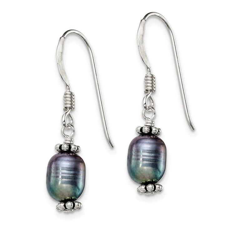 Sterling Silver Beaded 6-7mm Rice Black Pearl Dangle Earrings, view 2 of 4