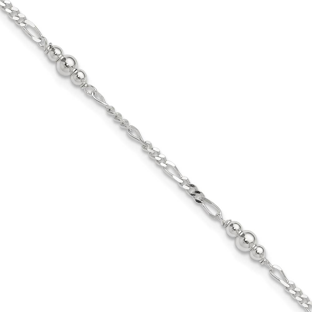 Sterling Silver Beaded Figaro 5-Station Anklet — .925 sterling silver, 10 inches long, 1 inch extension, 2 mm wide, lobster clasp, 3.36 g