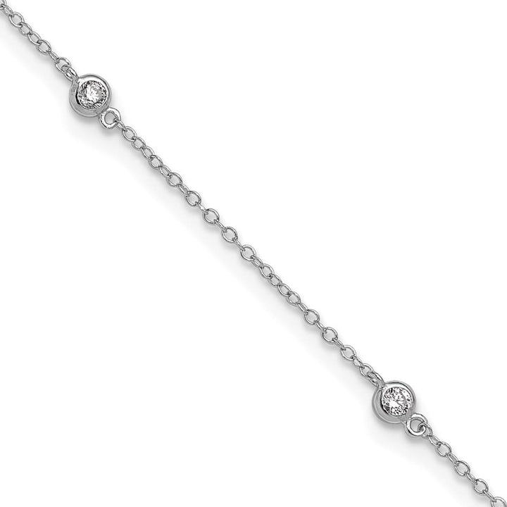 Sterling Silver Bezel CZ 5-Station 1.25 mm Anklet — .925 sterling silver, 11 inches long, 2 inch extension, 1.25 mm wide, lobster clasp, 1.31 g