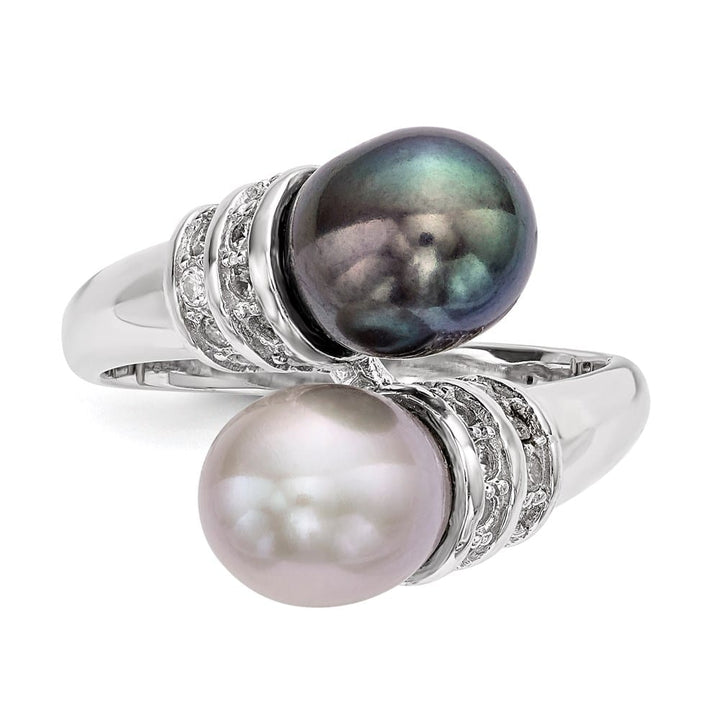 Sterling Silver Black and Grey Rice Freshwater Pearl and CZ Ring