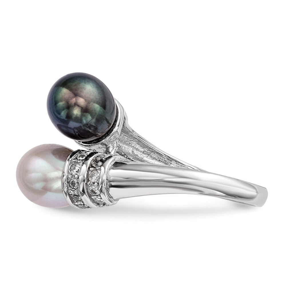 Sterling Silver Black and Grey Rice Freshwater Pearl and CZ Ring