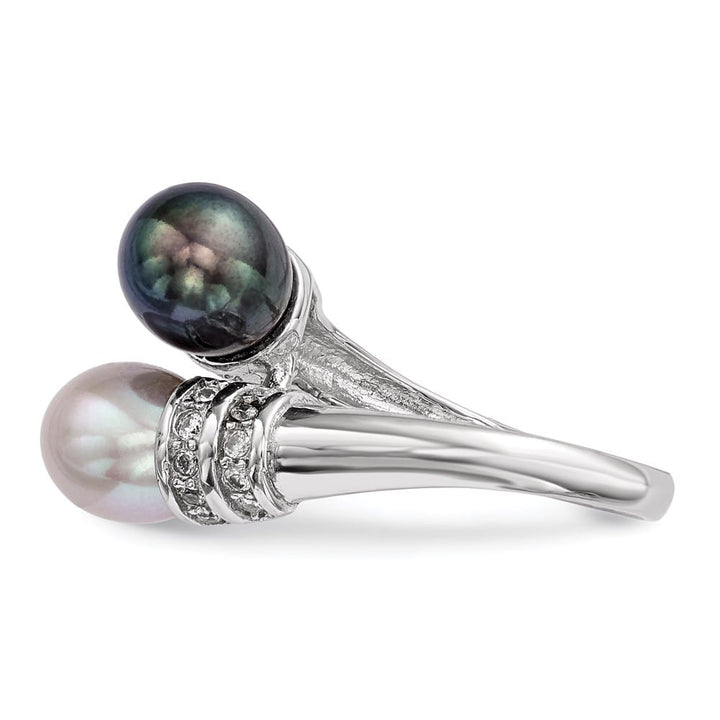 Sterling Silver Black and Grey Rice Freshwater Pearl and CZ Ring