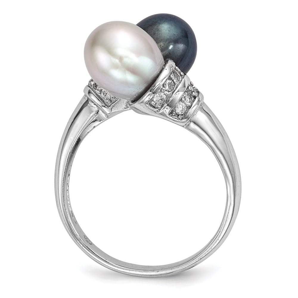 Sterling Silver Black and Grey Rice Freshwater Pearl and CZ Ring