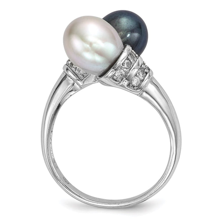 Sterling Silver Black and Grey Rice Freshwater Pearl and CZ Ring
