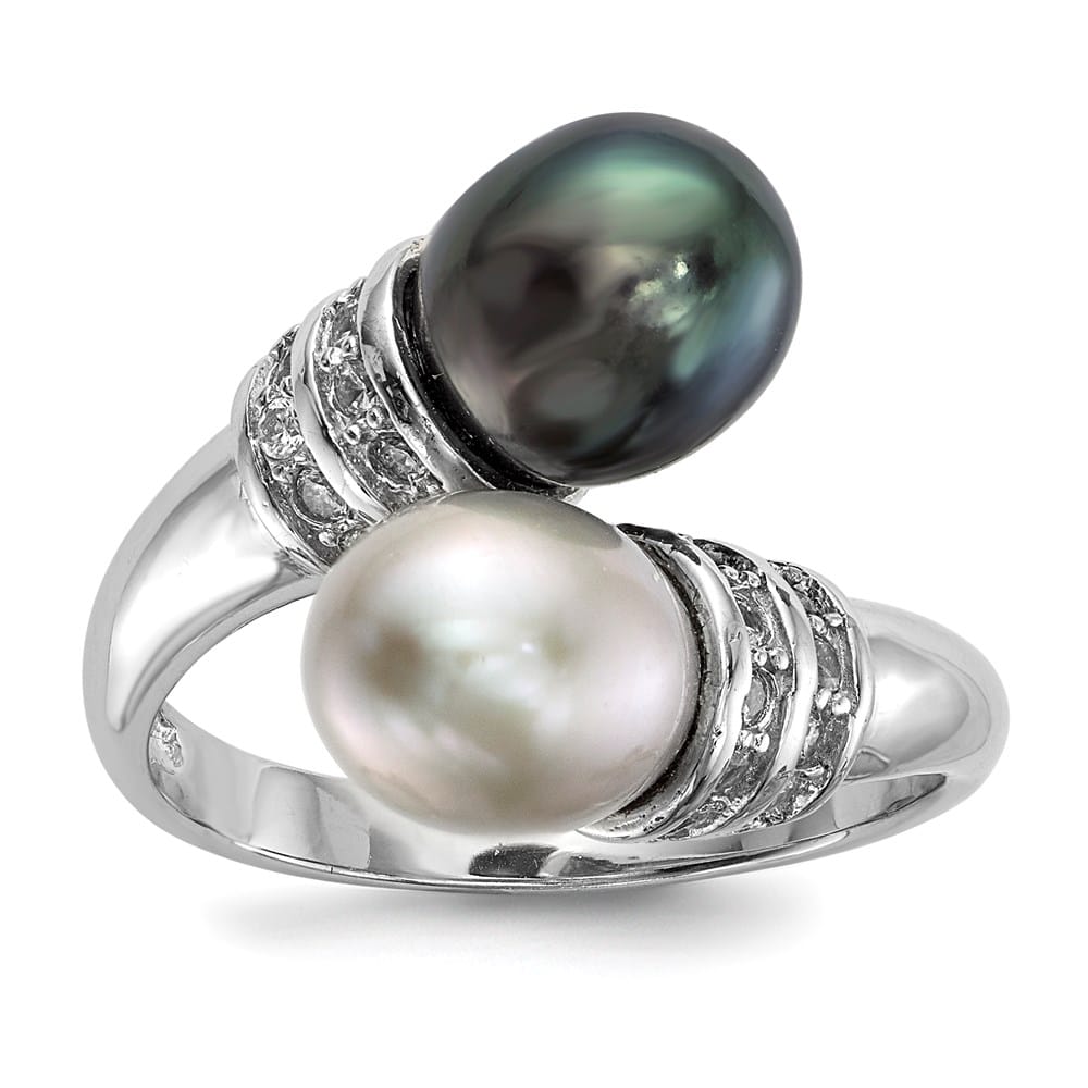 Sterling Silver Black and Grey Rice Freshwater Pearl and CZ Ring