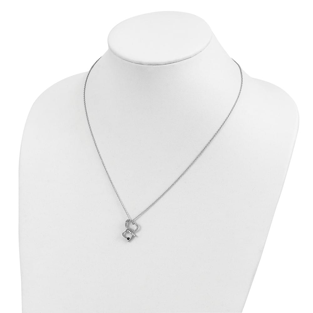 Sterling Silver Black and White Diamond Double Heart 18 inch Necklace