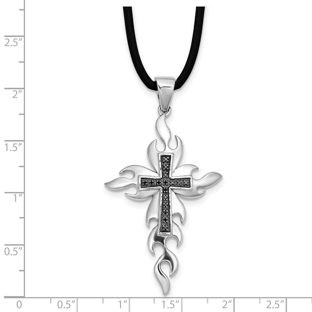 Sterling Silver Black Diamond Cross Rubber Cord 18 inch Necklace