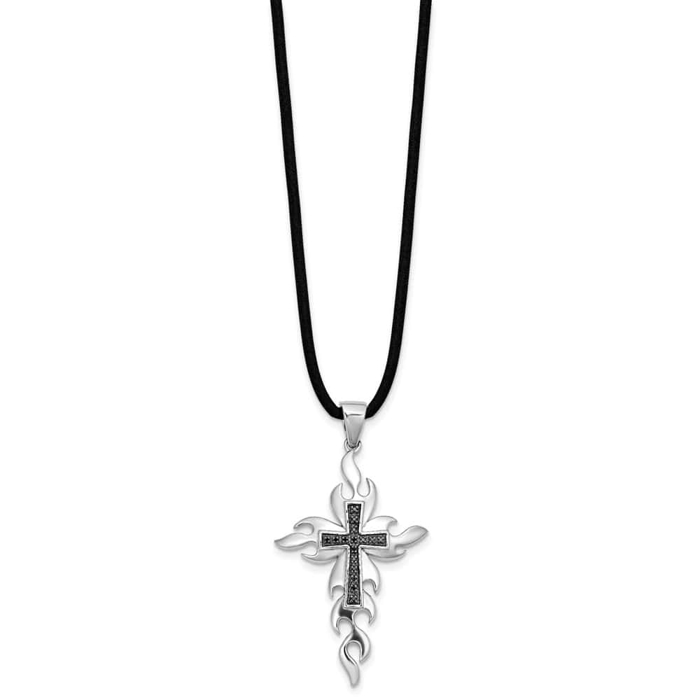 Sterling Silver Black Diamond Cross Rubber Cord 18 inch Necklace