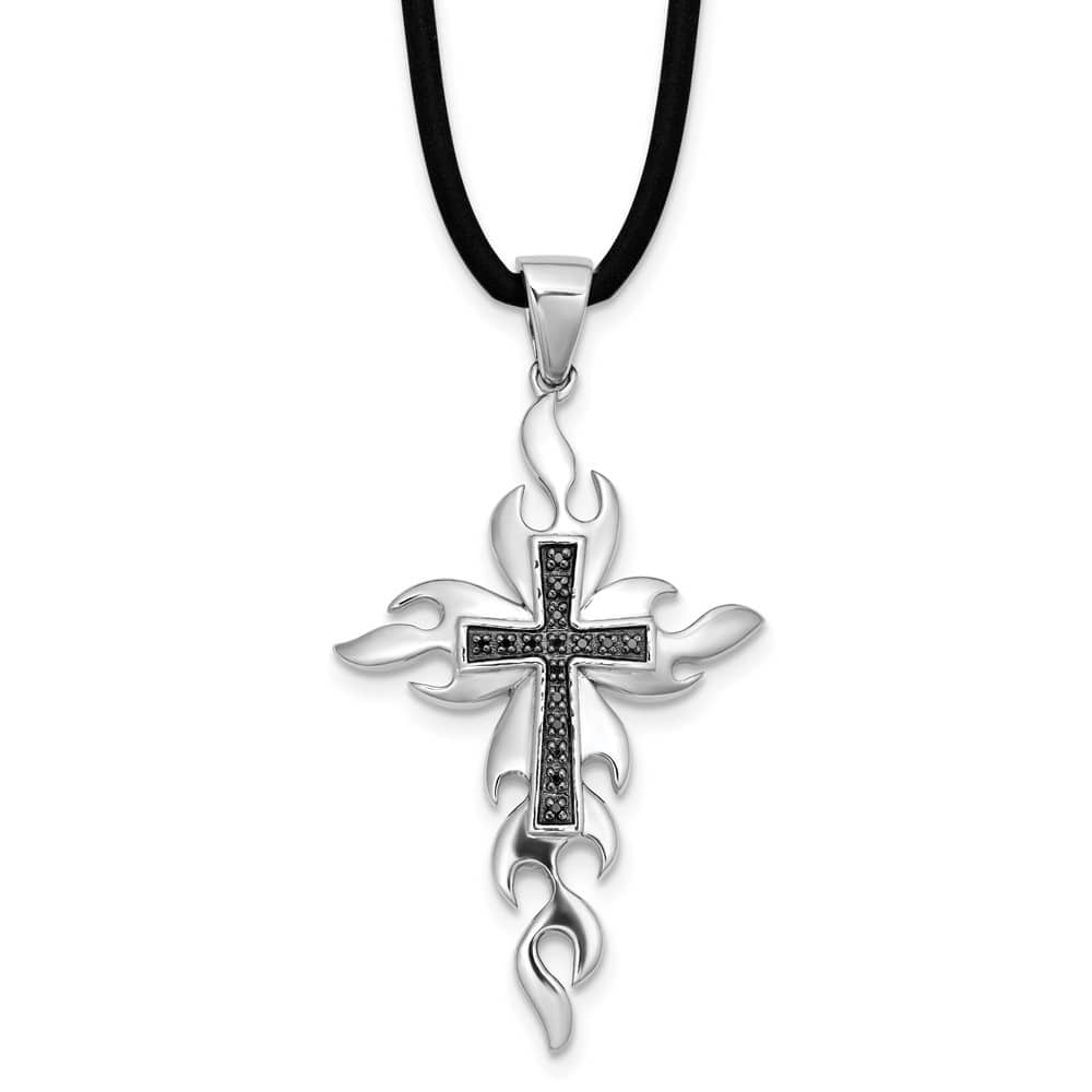 Sterling Silver Black Diamond Cross Rubber Cord 18 inch Necklace