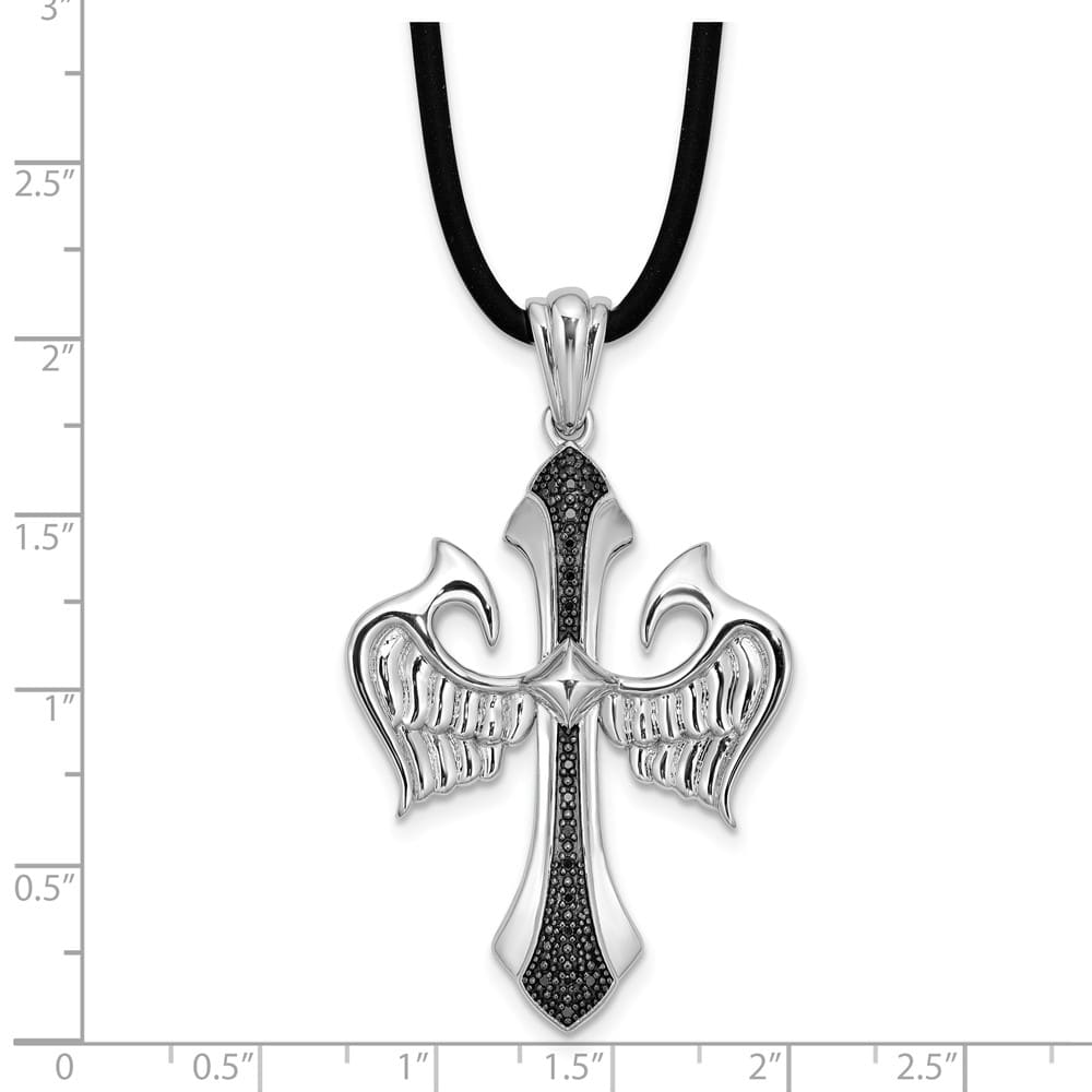 Sterling Silver Black Diamond Cross Wings Rubber Cord 18 inch Necklace