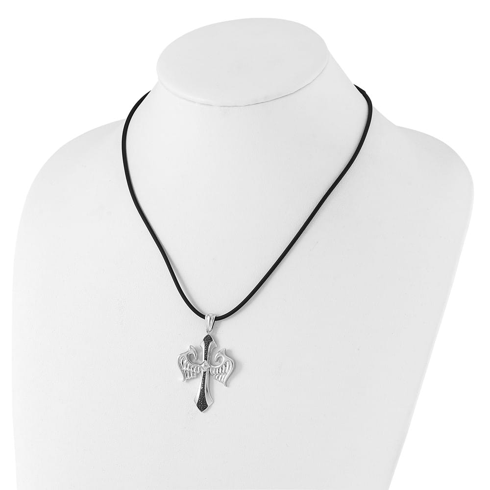 Sterling Silver Black Diamond Cross Wings Rubber Cord 18 inch Necklace