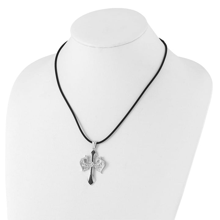 Sterling Silver Black Diamond Cross Wings Rubber Cord 18 inch Necklace